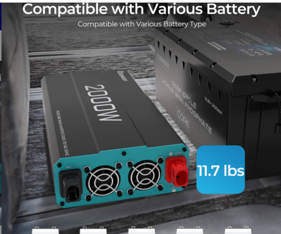 Renogy 2000W 12V Pure Sine Wave Inverter with UPS Transfer Switch & Bluetooth